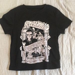 This black graphic crop top is slightly thick size:L but can fit a s to XL